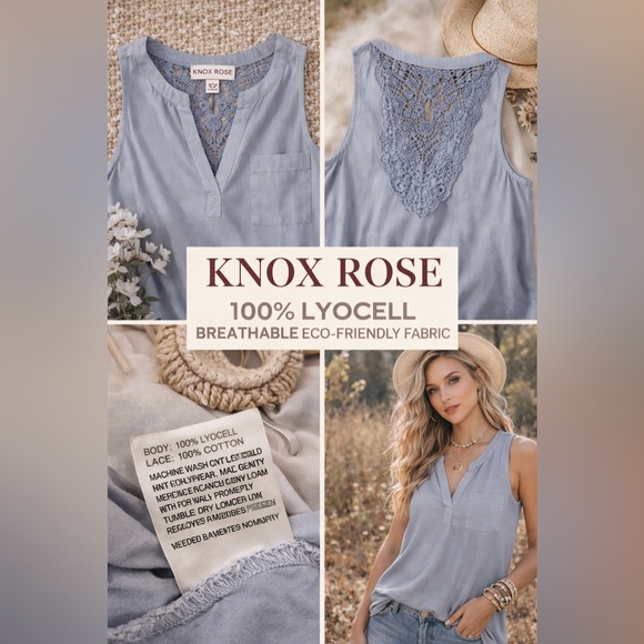 Knox Rose Tops - Knox Rose White Sleeveless Blouse Gray Crochet Lace Back Boho Top Size S